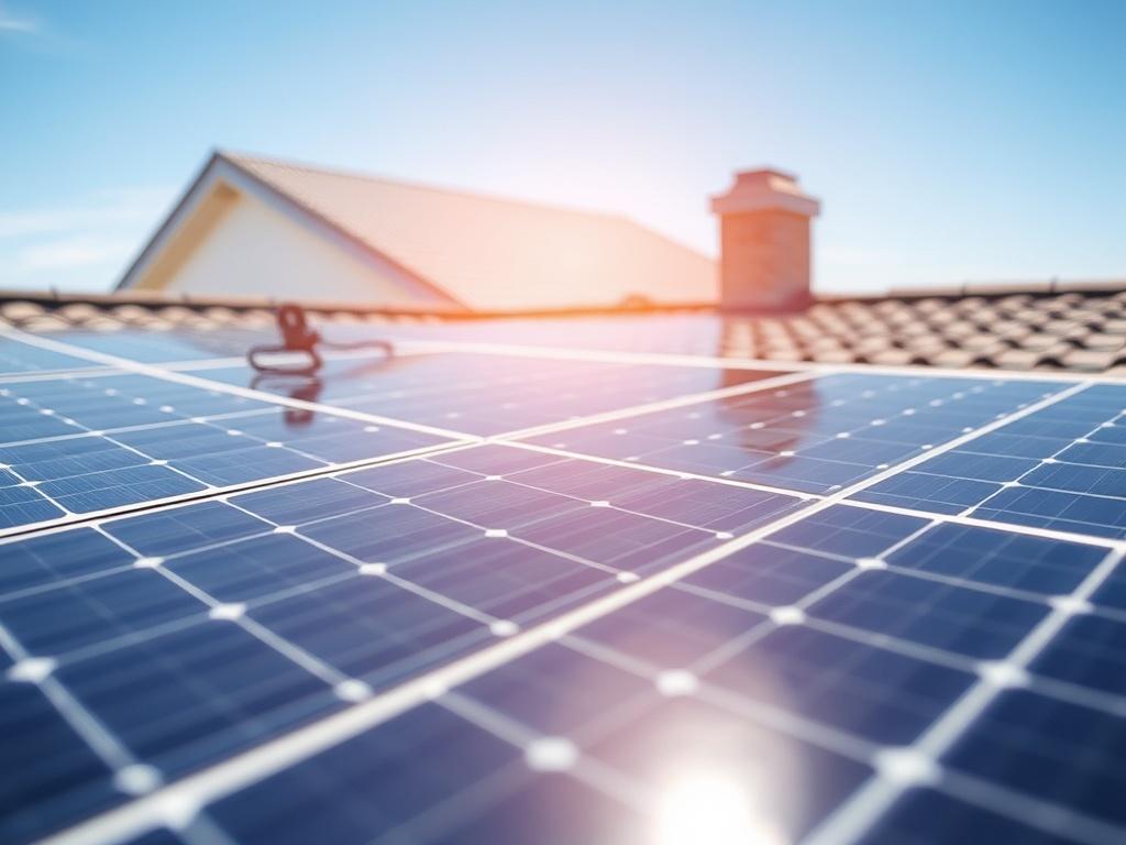 A realistic high-resolution image of a solar photovoltaic panel installation on a sunny day. The image should capture the solar panels mounted on a residential rooftop, with a clear blue sky in the background. The focus should be on the solar panels, showcasing their reflective surfaces and modern design. The composition should be clean and simple, emphasizing the technology and sustainability aspect of the solar installation.