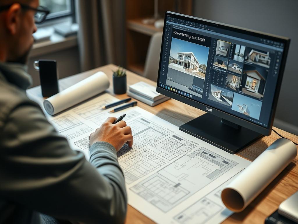A close-up shot of an architect using software on a computer to create detailed renovation plans, with blueprints and design elements on the desk.