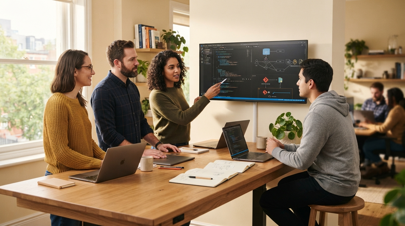 Software development team collaborating
