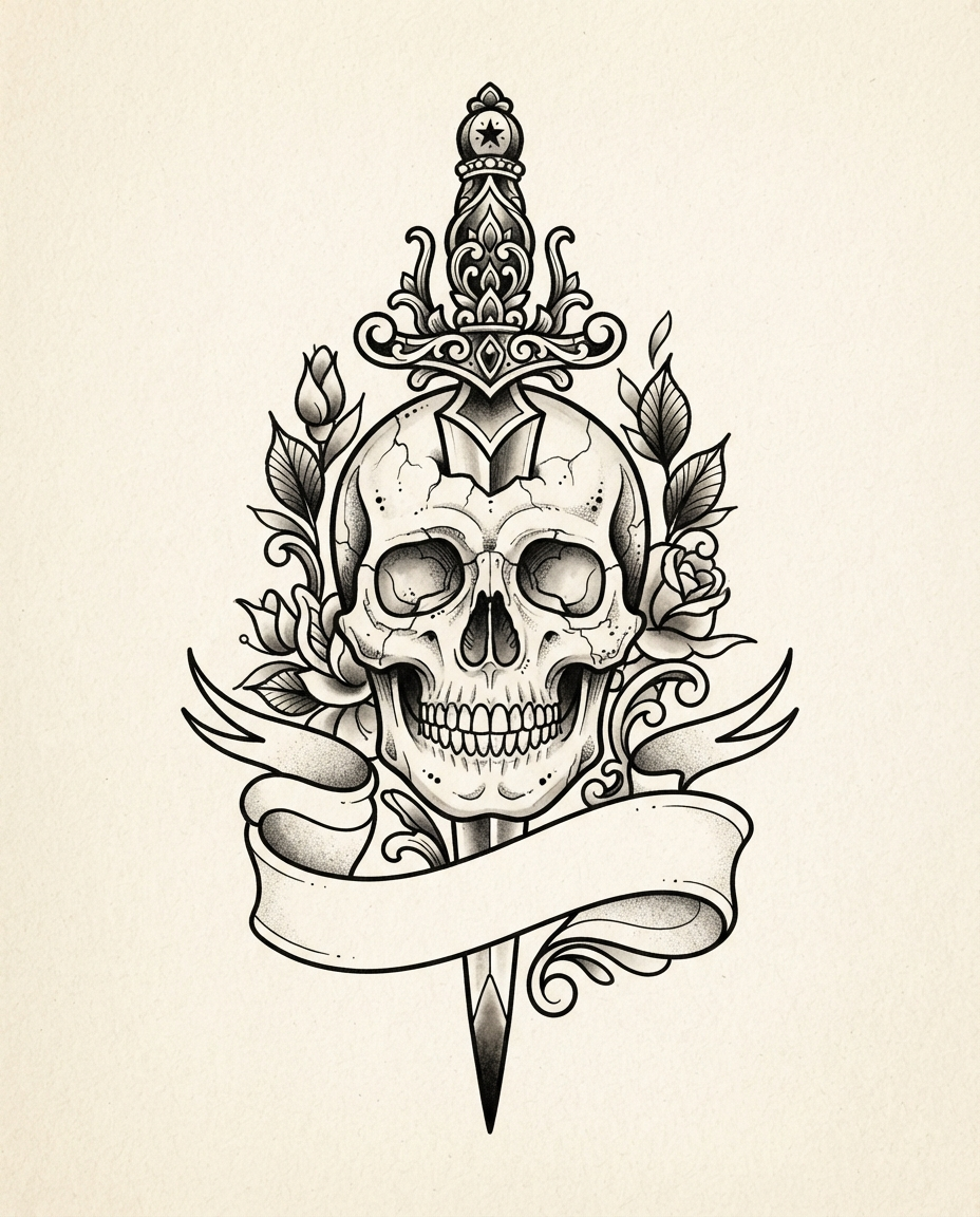 Skull & Dagger — American Traditional tattoo design