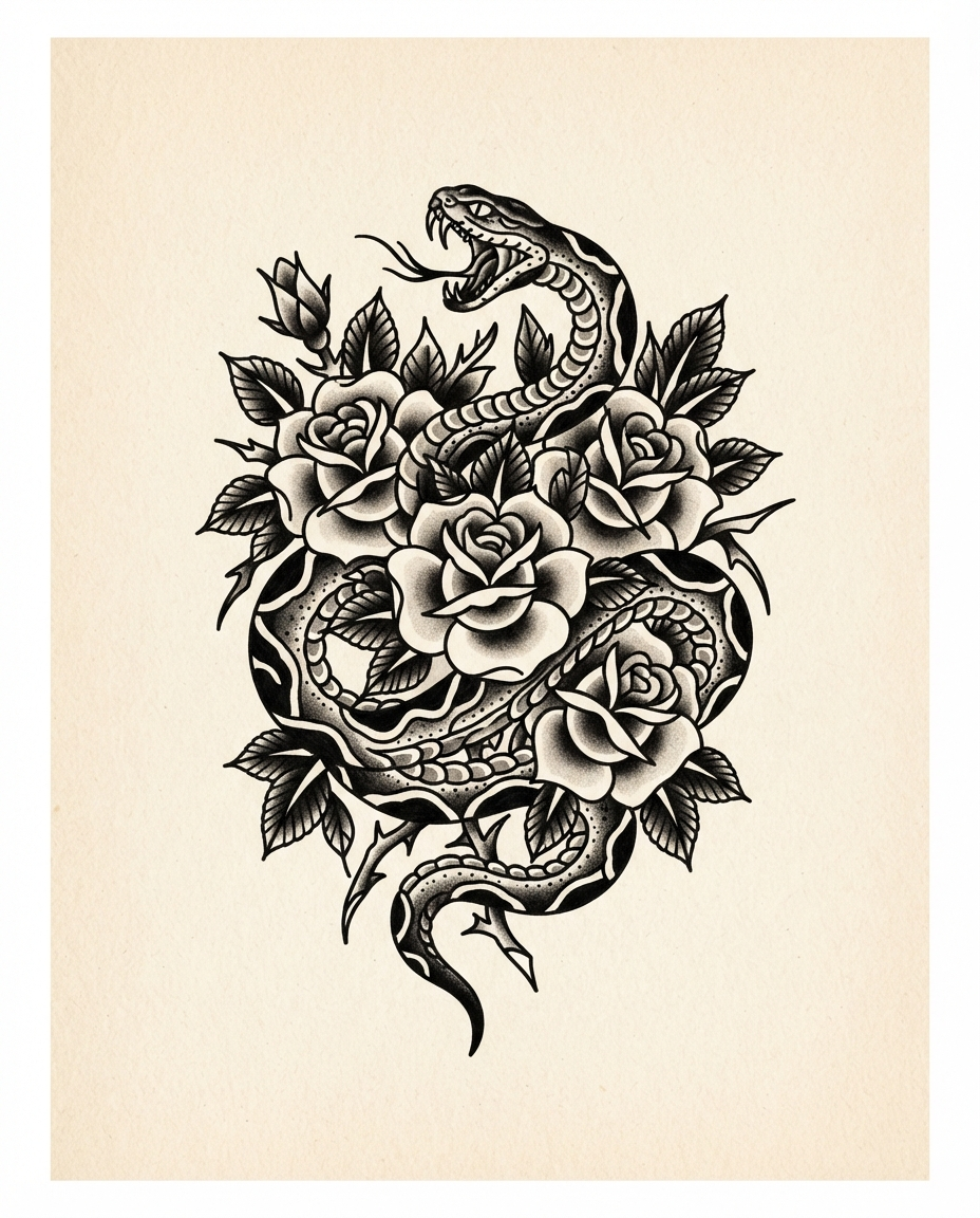 Serpent & Rose — American Traditional tattoo design
