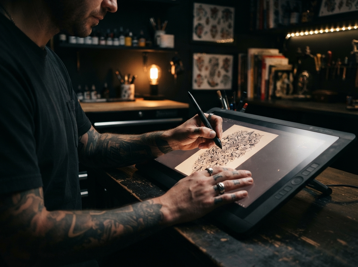 Artist drawing a tattoo design on a digital tablet in the studio
