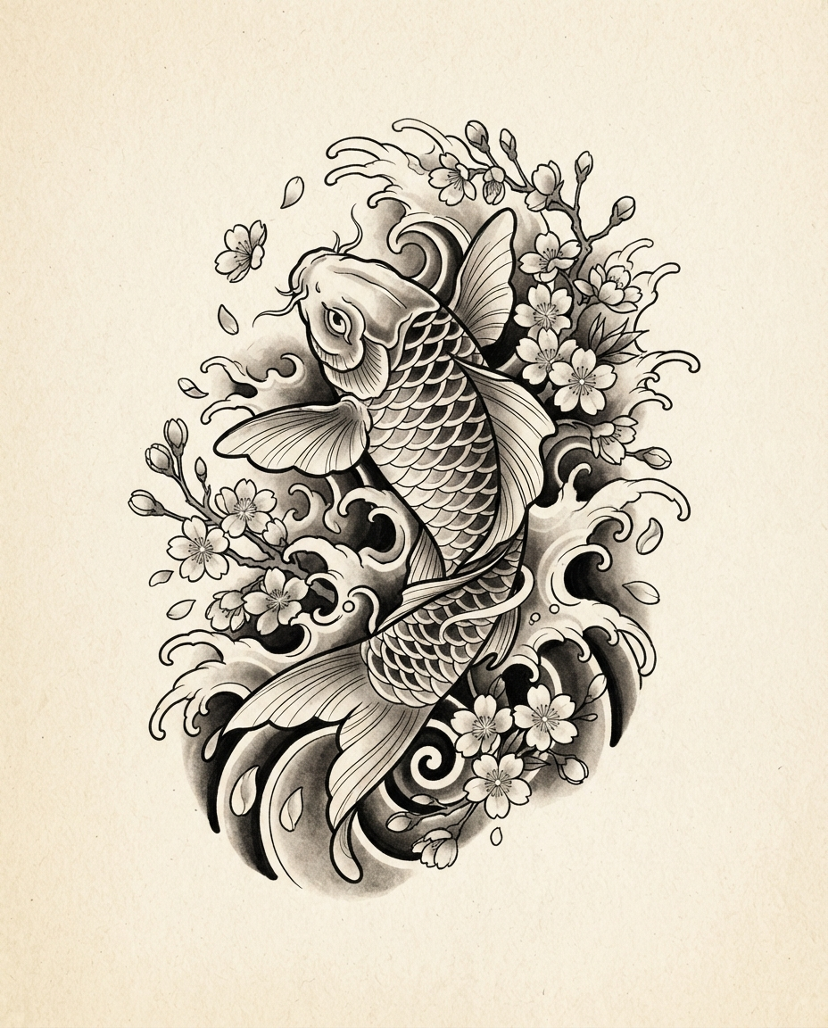 Koi & Waves — Japanese / Irezumi tattoo design