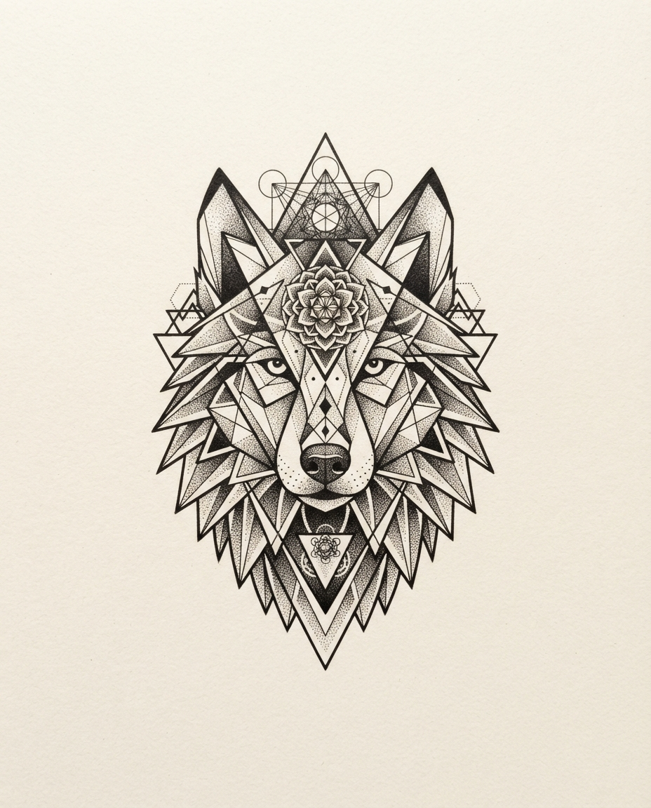 Geometric Wolf — Blackwork & Dotwork tattoo design