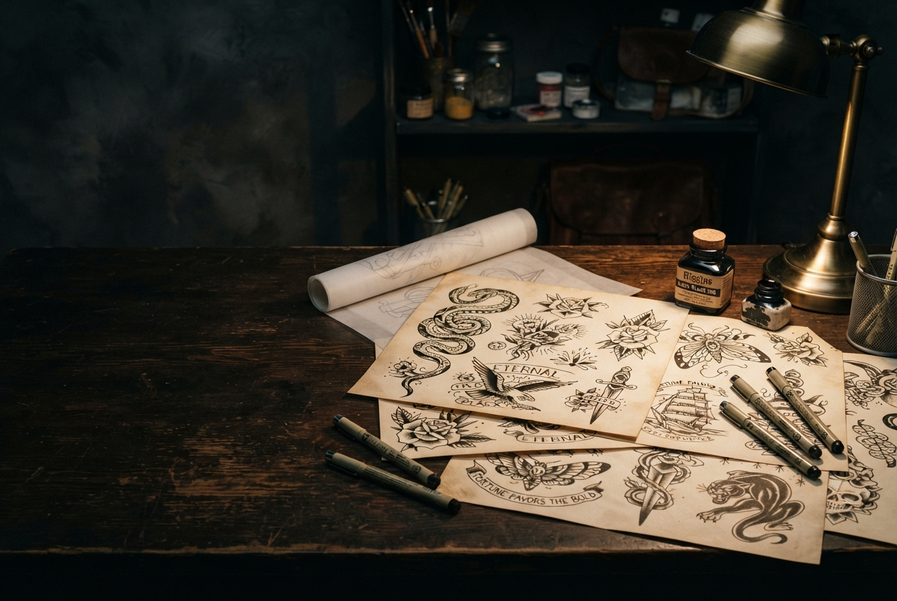Hand-drawn tattoo design flash sheets on an artist's desk
