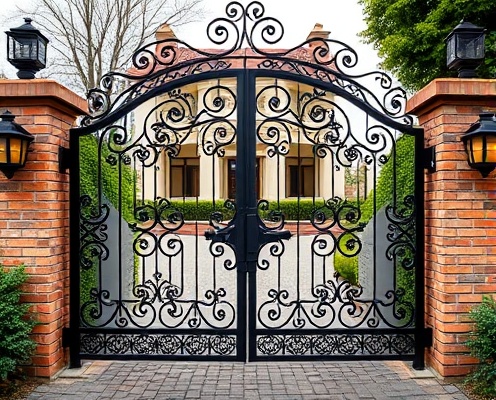 Ornate iron driveway gates