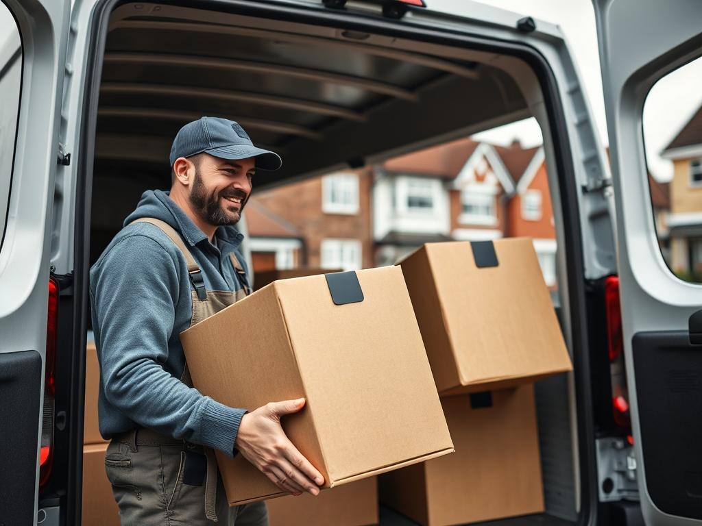 A hyper-realistic close-up of a friendly mover loading boxes into a van in Barking, with suburban homes in the background, showcasing the local community and the care taken in handling belongings.
