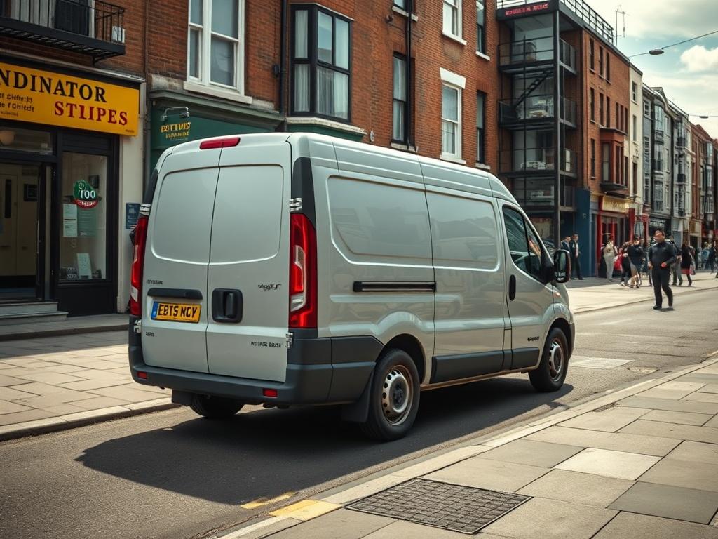 A high-resolution image of a medium-sized van parked in a bustling East London neighborhood, showcasing the vibrant surroundings, with a clear focus on the van and a hint of local landmarks in the background, captured in a hyper-realistic style.