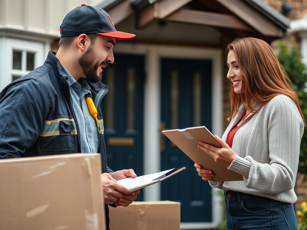 A realistic image of a mover discussing logistics with a client outside a property in Ilford, with a focus on the professionalism and collaboration involved in planning the move.