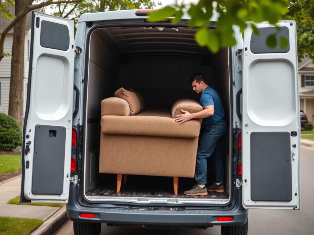 A high-resolution image of a mover carefully loading a large piece of furniture, like a sofa, into a medium van. The background features a residential street, showcasing a well-kept neighborhood. The focus should be on the mover's careful handling of the furniture.