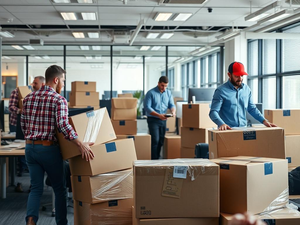 A high-resolution image showing a busy office space with movers packing up boxes and furniture. The scene captures a sense of teamwork and organization, with moving supplies like bubble wrap and tape visibly used. The office should look professional, with computers and desks being carefully handled.