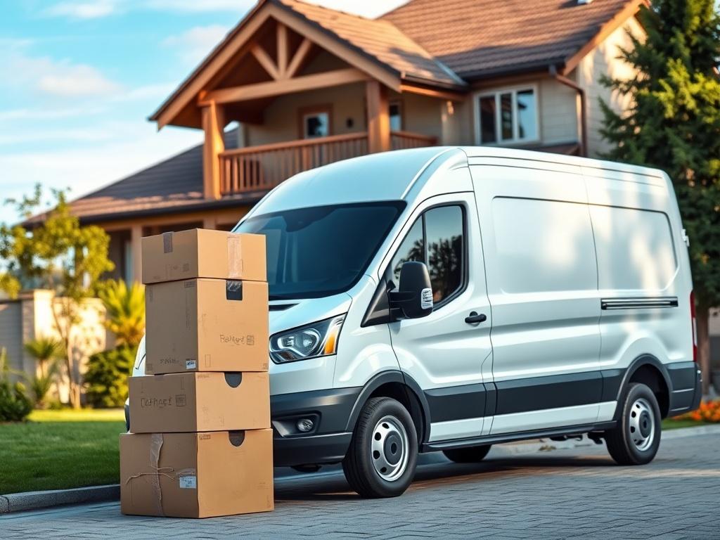 A high-resolution image of a medium van parked in front of a residential house, with moving boxes stacked neatly beside it. The background shows a clear sky and a well-maintained garden, creating a welcoming atmosphere. The van should be prominently displayed, showcasing its clean and modern design.