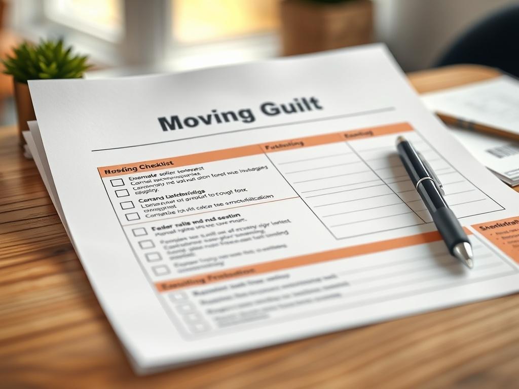 A realistic high-resolution close-up of a printed moving checklist guide on a wooden desk, with a pen beside it. The background is softly blurred to emphasize the guide, capturing a warm and inviting atmosphere.