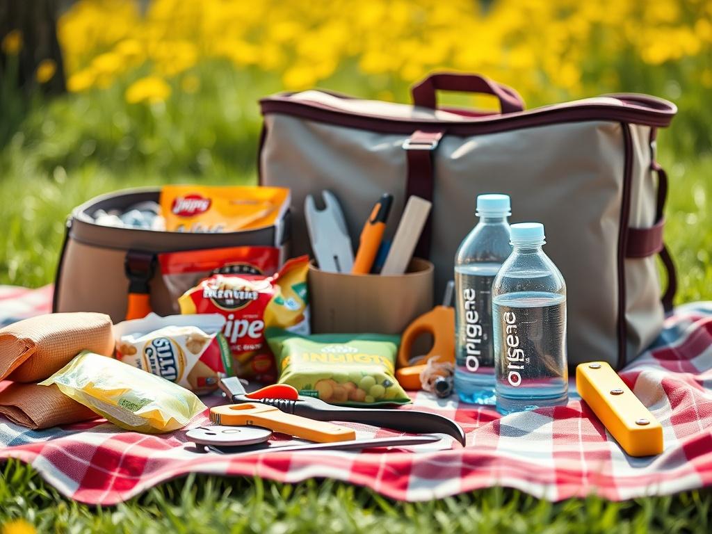 A realistic close-up of a moving day essentials kit displayed on a picnic blanket, featuring snacks, water, and tools. The background is vibrant and cheerful, embodying the excitement of moving.