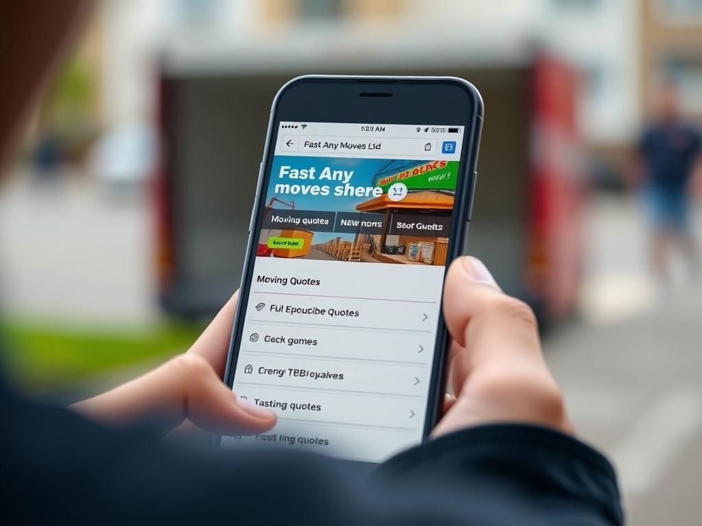 A close-up shot of a person using a smartphone to access the Fast Any Moves Ltd website for a moving quote. The phone screen displays a user-friendly interface with clear options and bright colors, emphasizing the ease of obtaining quotes. The background features a blurred outdoor setting, suggesting mobility and convenience.
