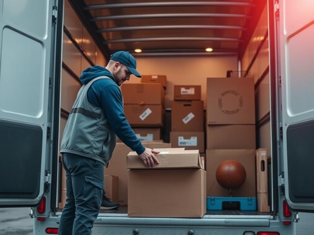 A close-up shot of a professional mover carefully packing items into a moving truck, showcasing a variety of boxes and furniture. The mover is focused and organized, with a backdrop of a clean, modern moving truck. The scene conveys efficiency and professionalism, with a soft, natural lighting that emphasizes the care taken during the moving process.