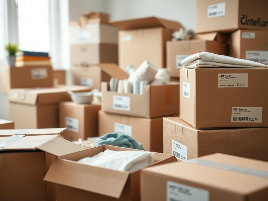 A close-up shot of neatly packed boxes filled with various household items, arranged in an organized manner. The scene should highlight the quality of packing materials, with labels clearly indicating contents. Soft lighting enhances the cleanliness and readiness of the packed items for the move.
