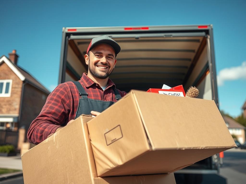 A close-up shot of a professional mover carefully packing a box with an assortment of household items, showcasing attention to detail and care. The mover should be smiling, portraying a friendly demeanor while working. The background should feature a well-organized moving truck and a residential setting in London, with a clear blue sky. The image should be hyper-realistic, taken with a 45mm f/1.2 lens, emphasizing the focus on the mover and the packed box, with a color scheme compatible with the primary col