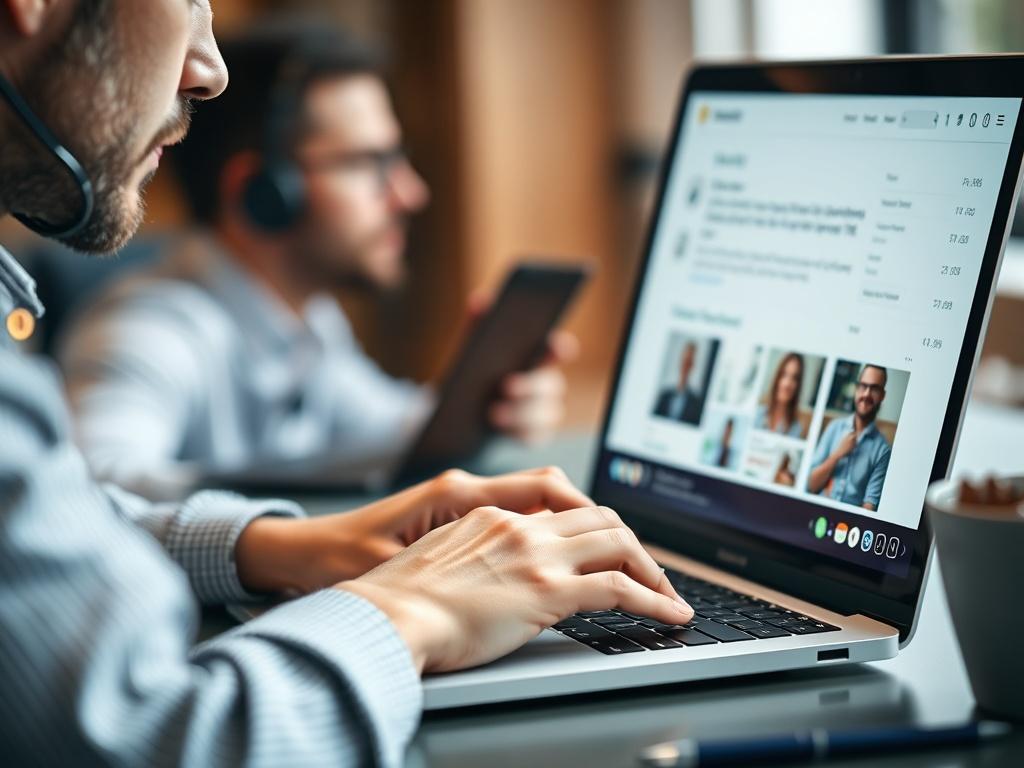 A close-up shot of a team member updating a website's content on a laptop. The screen displays an editing interface with text and images being modified. The background is softly blurred, focusing on the screen's activity, captured with a 45mm f/1.2 lens.