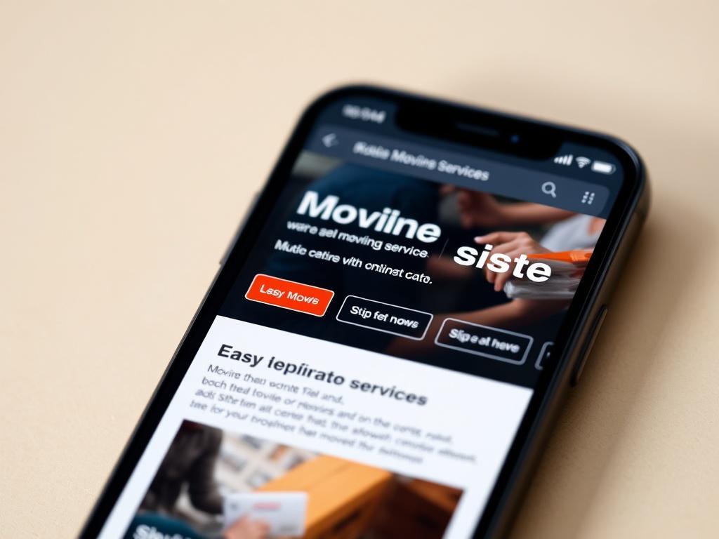 A close-up shot of a smartphone displaying a mobile-responsive website. The screen shows a well-organized layout with easy navigation and clear information about moving services. The background is minimal, focusing on the phone's screen, captured with a 45mm f/1.2 lens.