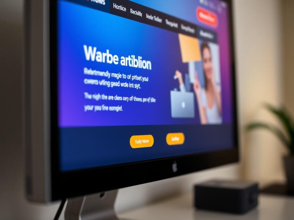 A close-up shot of a computer screen displaying a modern, user-friendly website with clear call-to-action buttons. The screen shows a vibrant design with bold colors, inviting text, and graphical elements that guide users. The background is simple, emphasizing the screen's details, captured with a 45mm f/1.2 lens.