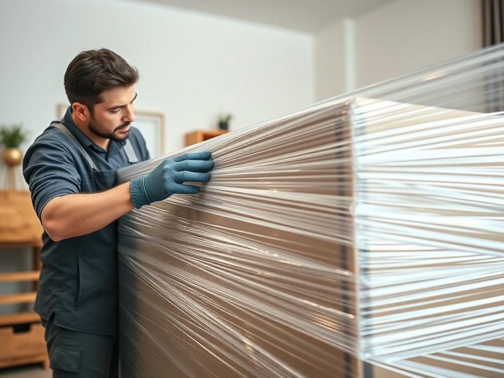 A close-up shot of a professional mover carefully wrapping a large piece of furniture with clear shrink wrap. The mover is focused and wearing gloves, showcasing attention to detail. The background is a well-lit room with simple decor, emphasizing the process of furniture transport and protection. The image should be shot with a 45mm f/1.2 lens style, highlighting the texture of the shrink wrap and the furniture.