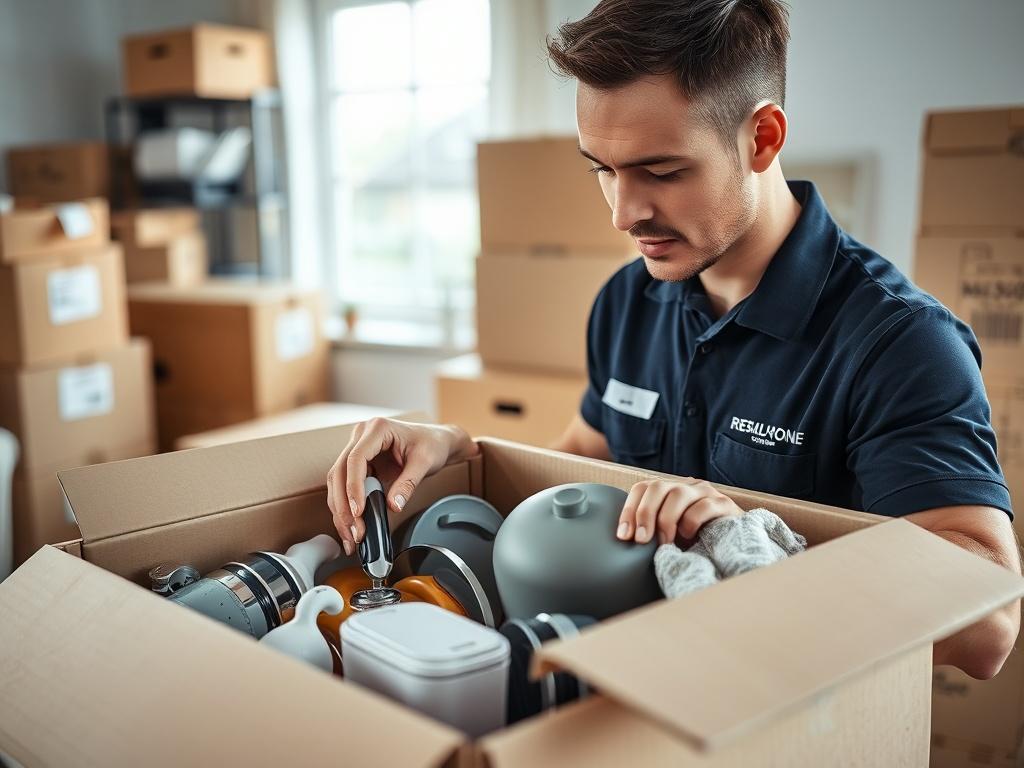 A close up shot of a professional mover carefully packing