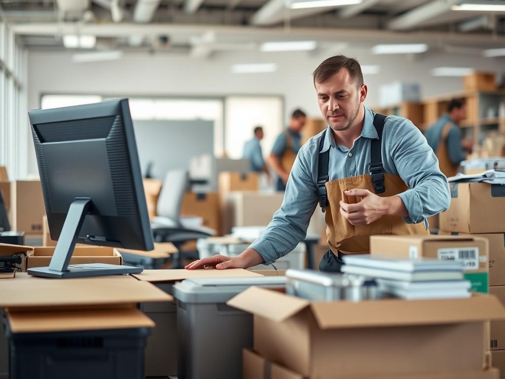 A close up shot of a professional mover organizing office