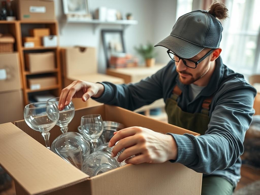 A close up shot of a mover expertly packing fragile