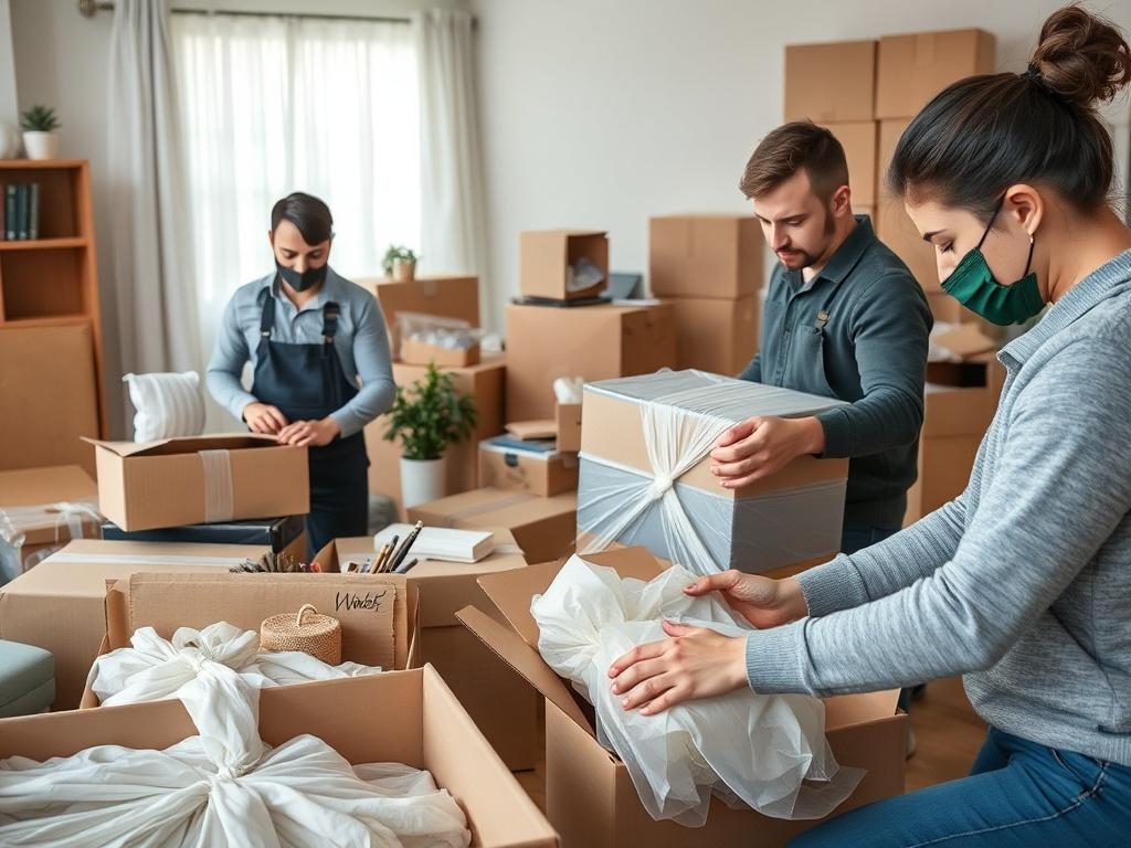 A professional packing team efficiently wrapping and packing various household items into boxes, showcasing their careful handling of fragile objects. The image highlights the organized chaos of packing, emphasizing the importance of expert assistance in a moving process.