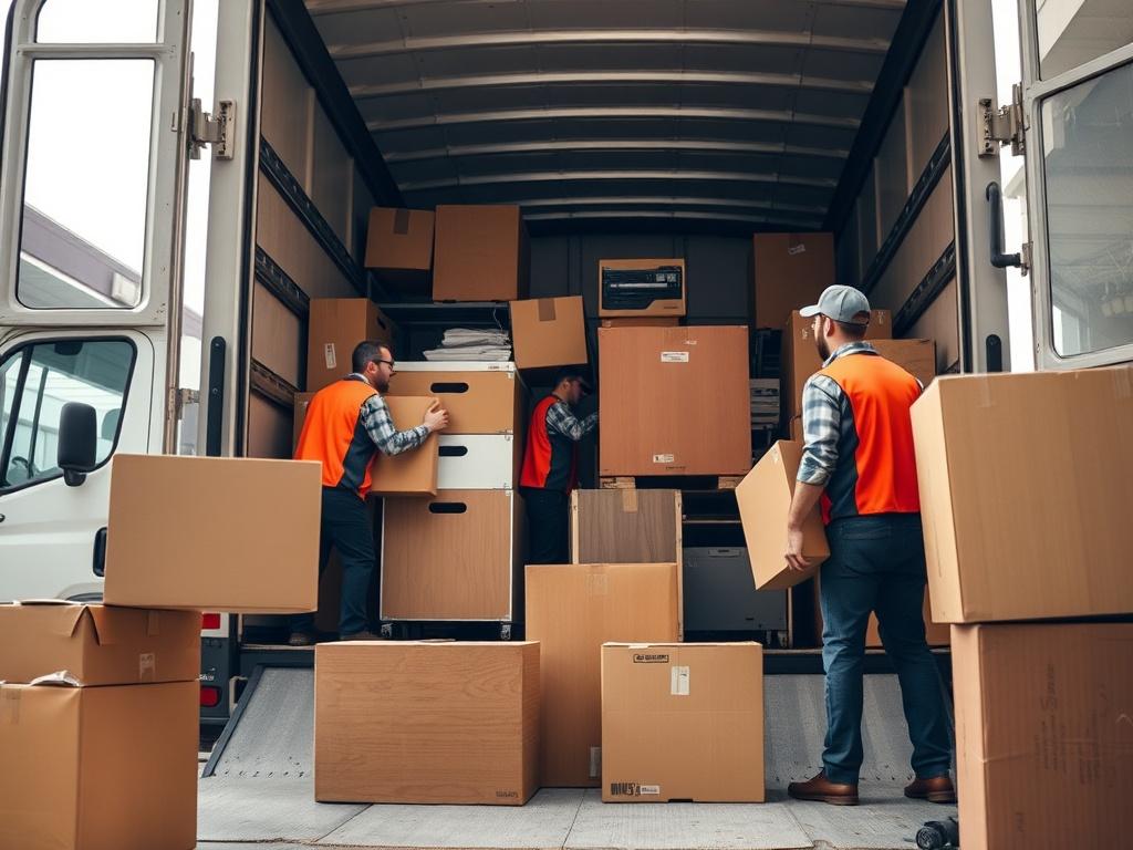 A team of professional movers efficiently packing office equipment and furniture into a moving truck. The scene captures the bustling energy of a busy workplace, focusing on the organization and teamwork involved in a commercial relocation.