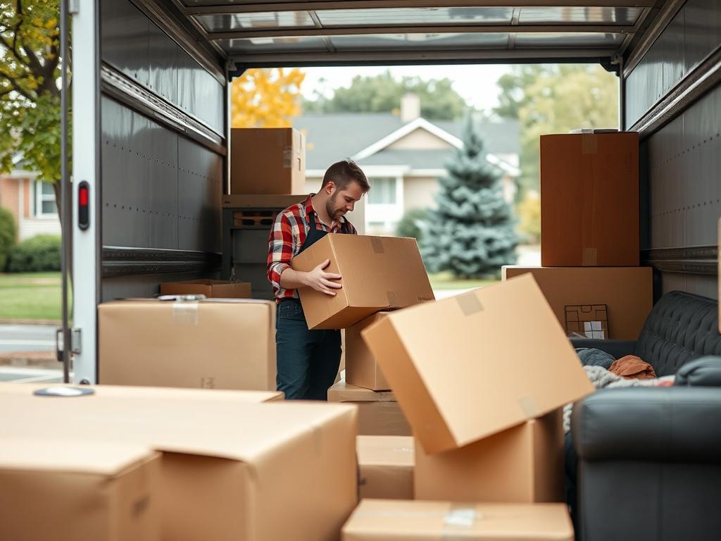 A professional mover carefully packing household items into a moving truck, surrounded by boxes and furniture, set against a suburban backdrop. The image is focused on the mover's attention to detail, capturing the essence of a seamless residential moving experience.