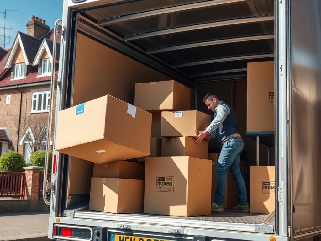 A close-up shot of a professional mover carefully packing items into a moving truck, showcasing boxes and furniture being securely loaded. The background features a residential neighborhood in London, with a clear blue sky. The image should convey a sense of efficiency and care.