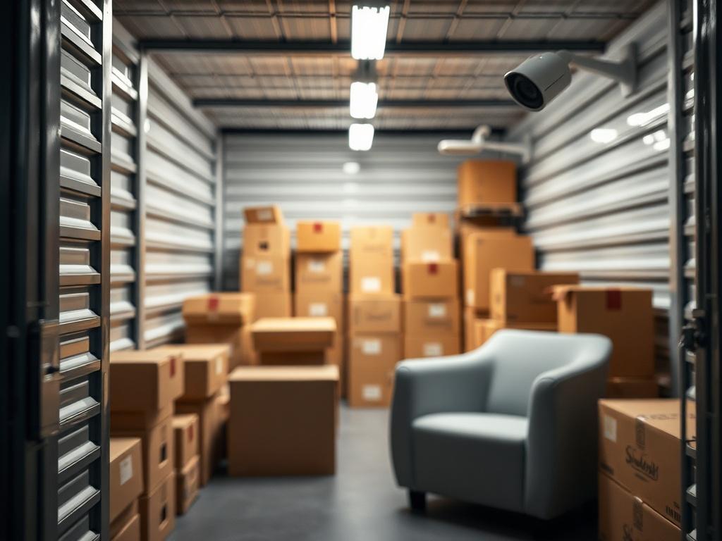 A close-up shot of a secure storage facility with neatly organized boxes and furniture inside, showcasing a clean and safe environment. The background features a padlock and security camera, emphasizing safety and protection for stored items. The image should convey trust and security.
