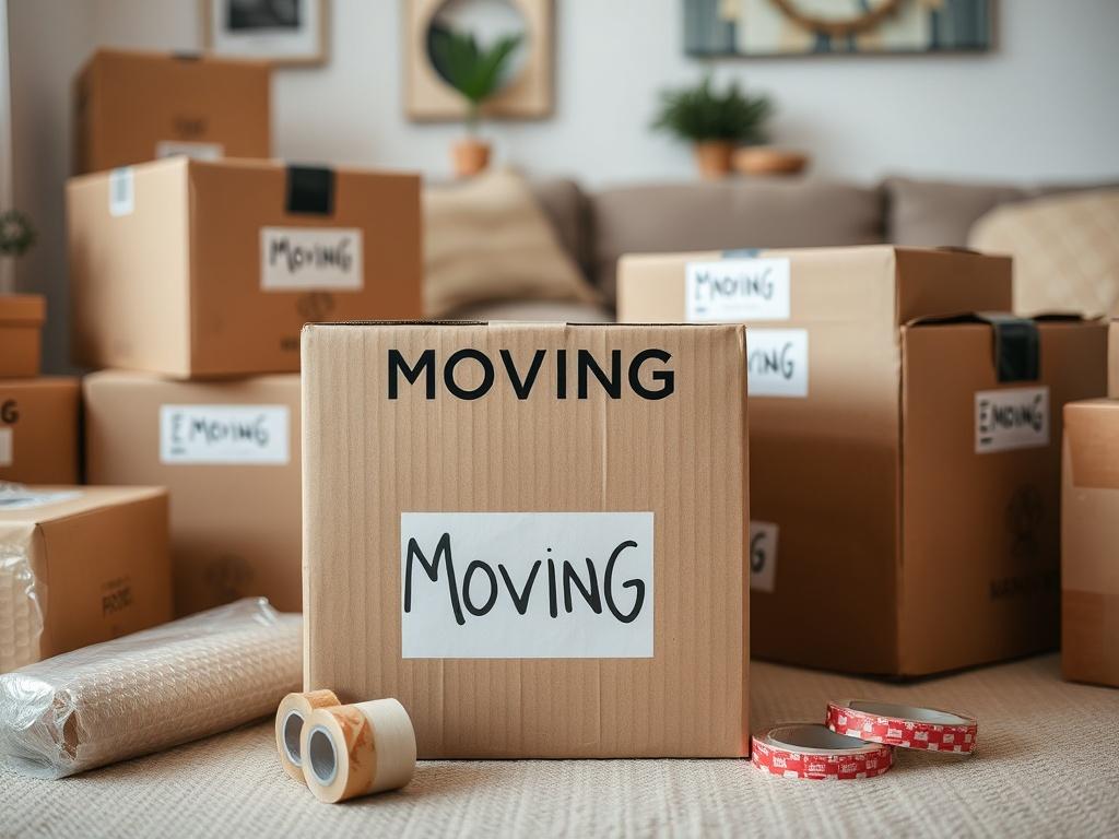 A close-up shot of neatly packed boxes labeled for moving, surrounded by packing materials like bubble wrap and tape. The setting is a tidy living room, emphasizing organization and preparation for a move. The image should evoke a sense of readiness and care.