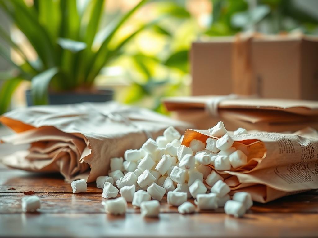 A vibrant close-up shot of eco-friendly packing materials, including biodegradable packing peanuts and recycled paper, artistically arranged on a wooden table, with a soft-focus background of green plants, highlighting sustainability.