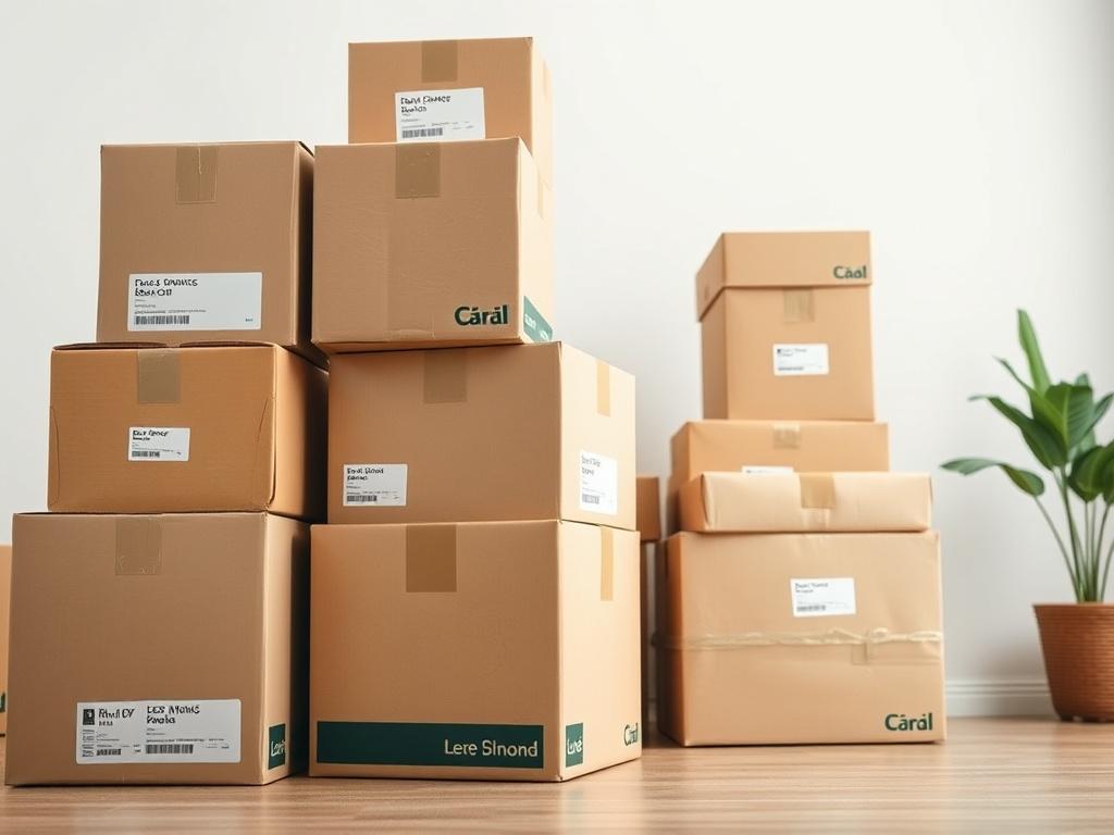 A hyper-realistic close-up of a stack of sturdy moving boxes in various sizes, with labels indicating their contents, set against a clean, bright background, conveying an organized and efficient moving experience.