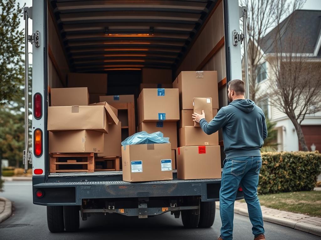 A close-up shot of a moving truck being loaded with boxes and furniture by professional movers. The scene emphasizes the efficiency and care taken during the loading process, showcasing the movers' teamwork and organization. The background features a residential area, indicating a local move. Shot with a 45mm f/1.2 lens style.