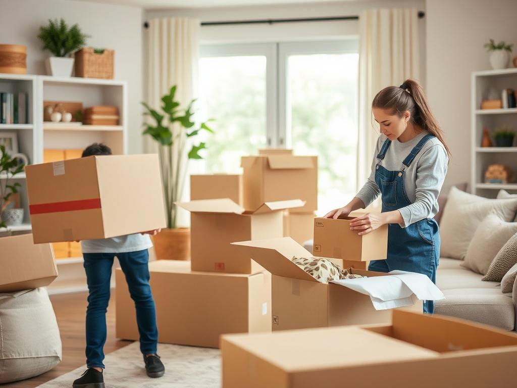 A close-up shot of a mover unpacking boxes in a bright and airy living room. The scene illustrates the organization and care taken during the unpacking process, with boxes being opened and items being placed on shelves. The background shows a cozy and welcoming home environment. Shot with a 45mm f/1.2 lens style.