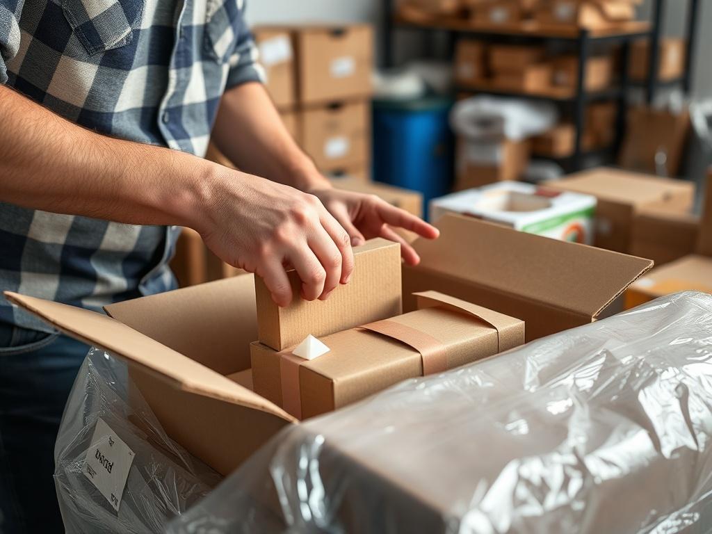 A close-up shot of a professional mover carefully packing fragile items into a box, surrounded by packing materials like bubble wrap and tape. The scene captures the attention to detail and care involved in the packing process, with a well-organized workspace in the background. Shot with a 45mm f/1.2 lens style.