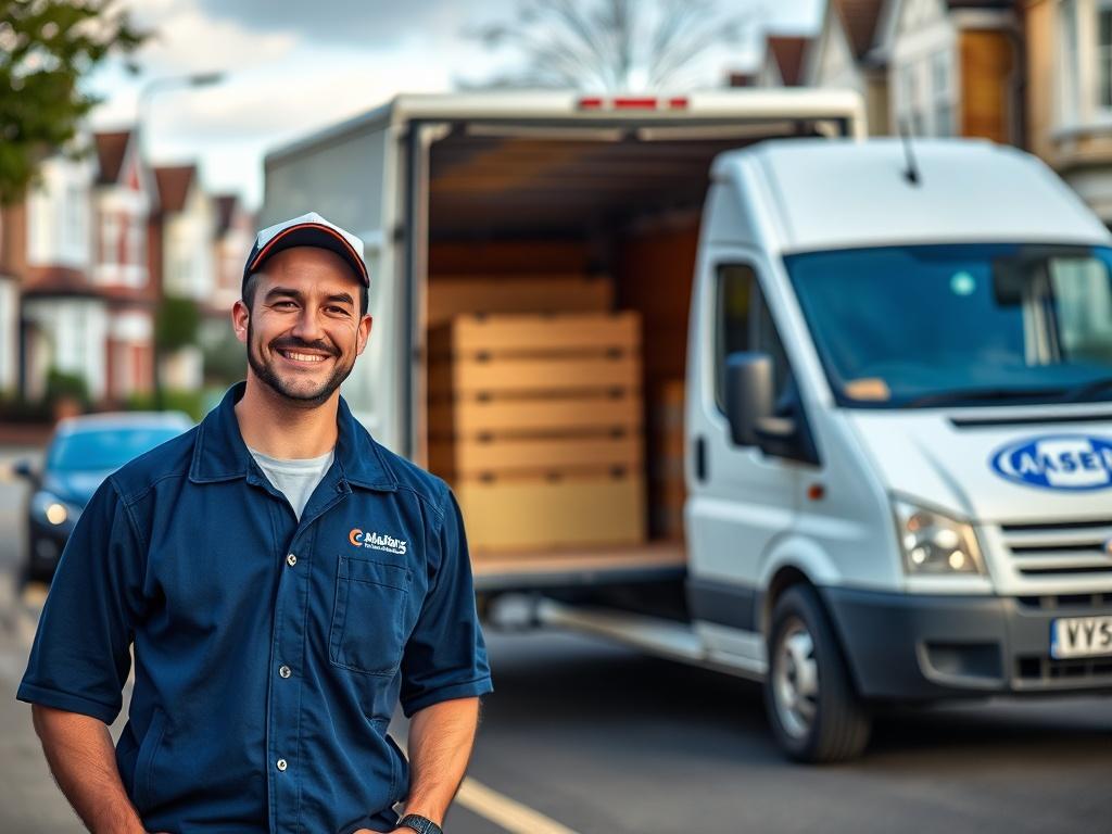 A realistic high-resolution photo of a friendly mover in a uniform, standing next to a fully loaded medium van. The background features a suburban London street, showcasing residential homes. The focus is on the mover's confident smile and the van's logo. Shot with a 45mm f/1.2 lens style, ensuring the subject is sharp and the background is softly blurred, emphasizing the professional moving service.