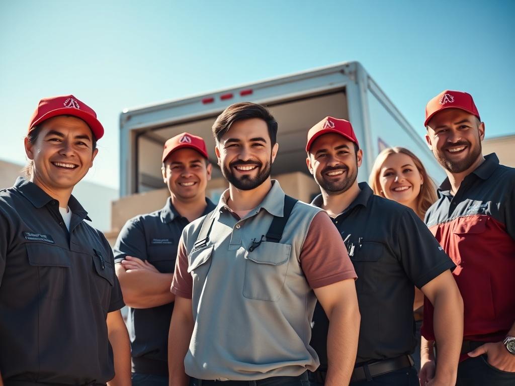 A friendly team of movers, smiling and ready to help, stands in front of a moving truck. The scene captures a sunny day, with clear blue skies. The movers are dressed in company uniforms, showcasing professionalism and teamwork. In the background, there are boxes and packing materials, indicating they are prepared for a move. The overall atmosphere is welcoming and positive, emphasizing the commitment to customer satisfaction.