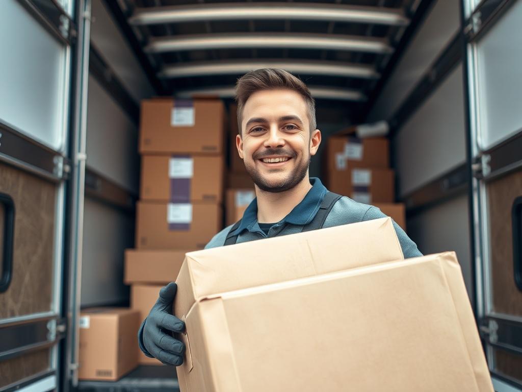 A hyper-realistic close-up shot of a friendly and professional mover, smiling while carefully packing items into a moving truck. The background features a well-organized moving truck with boxes neatly stacked, showcasing the dedication to efficiency and care. The image should be shot with a 45mm f/1.2 lens, emphasizing the mover's expression and the quality of the moving process.
