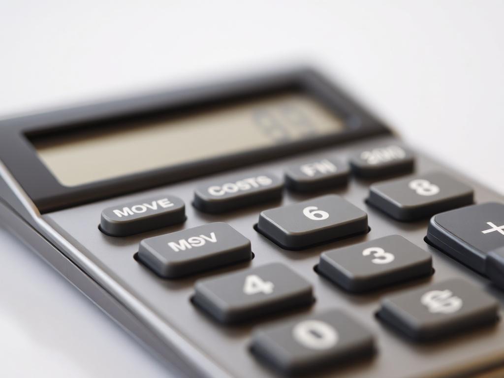 A close-up shot of a modern calculator displaying moving costs, with a clean and uncluttered background, emphasizing clarity and precision.