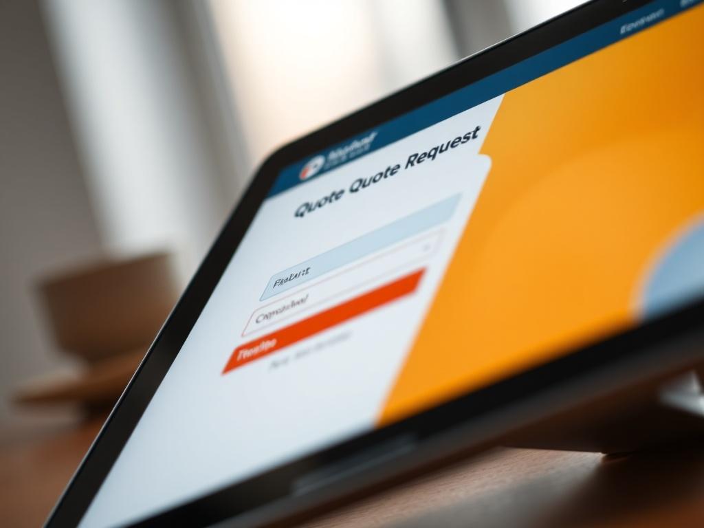 A close-up shot of a beautifully designed quote request form on a digital device, with bright colors and an inviting layout, set against a minimalistic background.