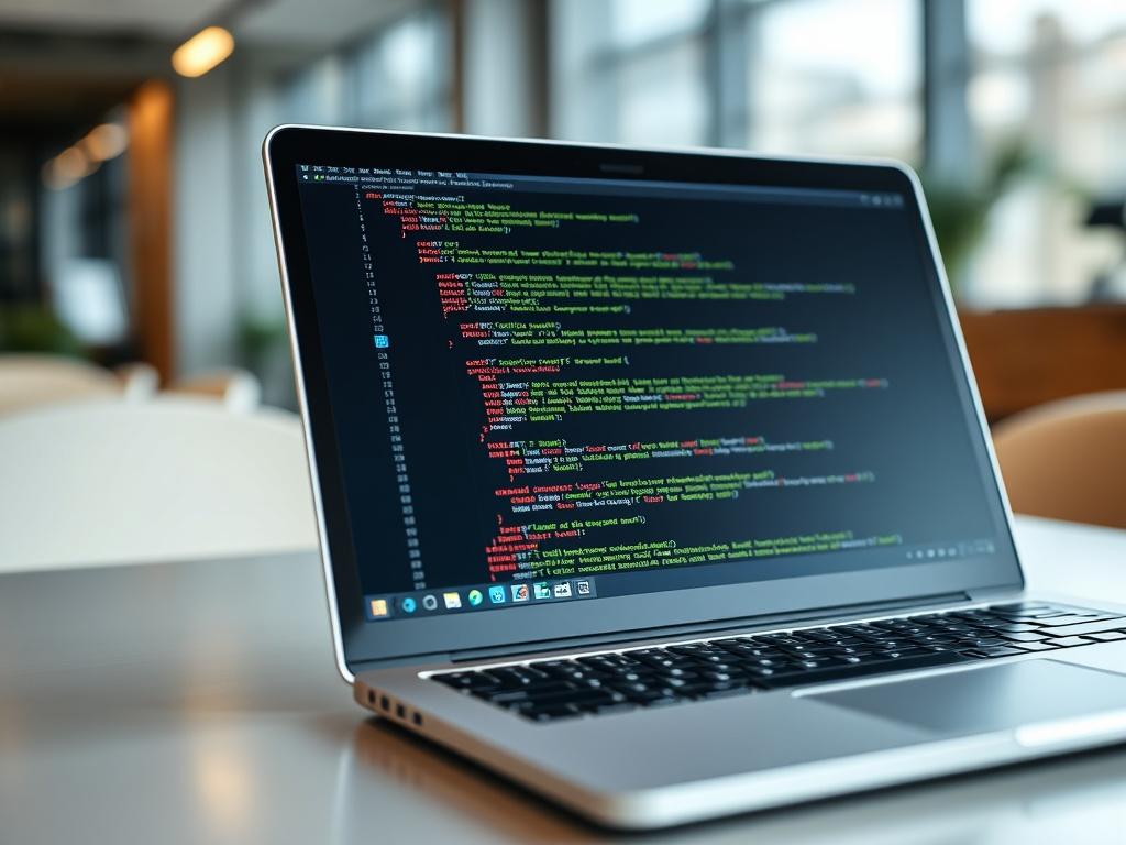 A close-up shot of a laptop screen displaying JavaScript code, with a visually appealing and organized layout, against a sleek office background.