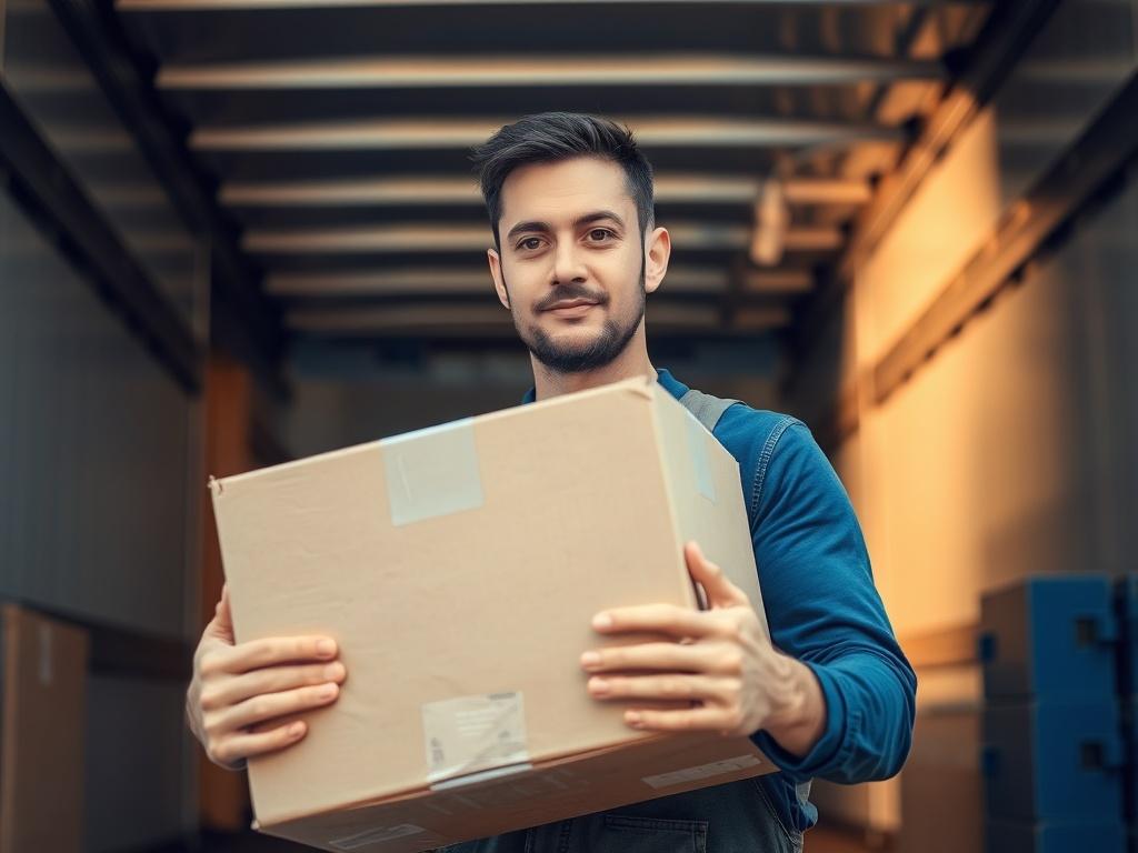 Create a realistic high-resolution photo of a professional mover in action, lifting a box with care. The mover should be focused, showcasing dedication to their work. The background should be a neat, organized moving truck, symbolizing efficiency and reliability. The color scheme should incorporate shades of blue, aligning with the primary color rgb(2, 86, 197). The image should be shot with a 45mm f/1.2 lens style, capturing the details of the mover's expression and the box.