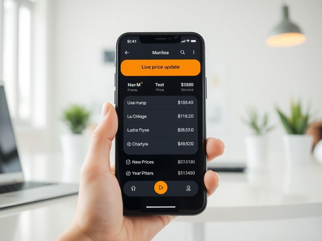 A close-up shot of a smartphone displaying a live price update feature for a moving service app. The screen shows changing prices as users input different parameters, with an engaging and modern design. The background is a bright, minimalistic workspace setting, reflecting a tech-savvy and user-friendly environment.