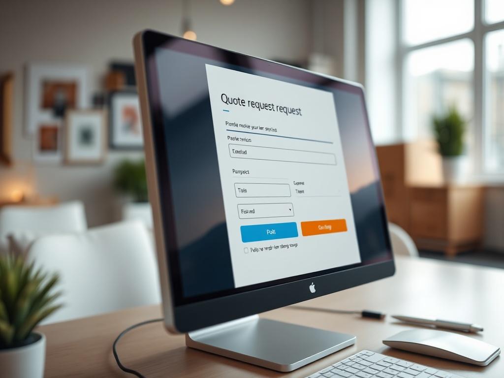 A close-up shot of a computer displaying a simplified and user-friendly quote request form for moving services. The design showcases clear fields and buttons, emphasizing ease of use. The background features a bright, stylish office space, creating a positive and inviting atmosphere.