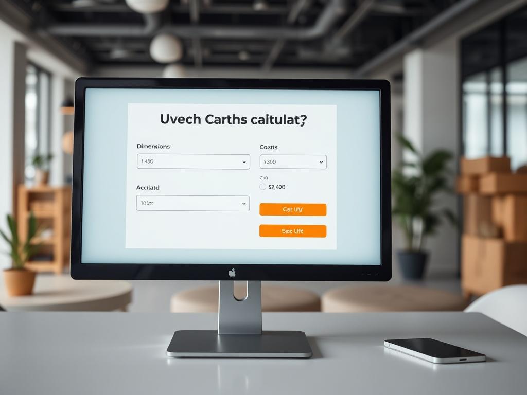 A close-up shot of a computer screen displaying a user-friendly live price calculator interface for moving services. The screen shows input fields for dimensions and buttons for calculating costs, with an emphasis on clarity and ease of use. The background is a modern office setting with a clean design, showcasing a professional and inviting atmosphere.